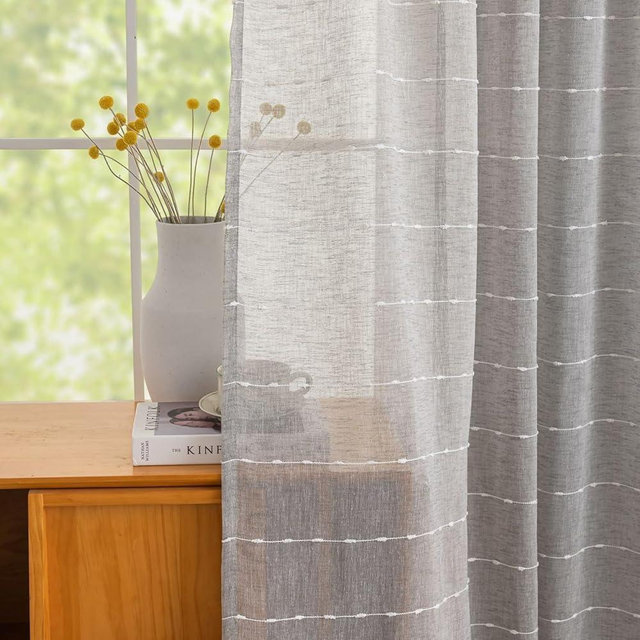 YJ YANJUN Grey Sheer Curtains 90 inches Long 2 Panels Embroidery Voile Curtains for Living Room Light Filtering Draperies Gray Curtains for Bedroom Provide Privacy Modern Farmhouse Decor 52x90 Length