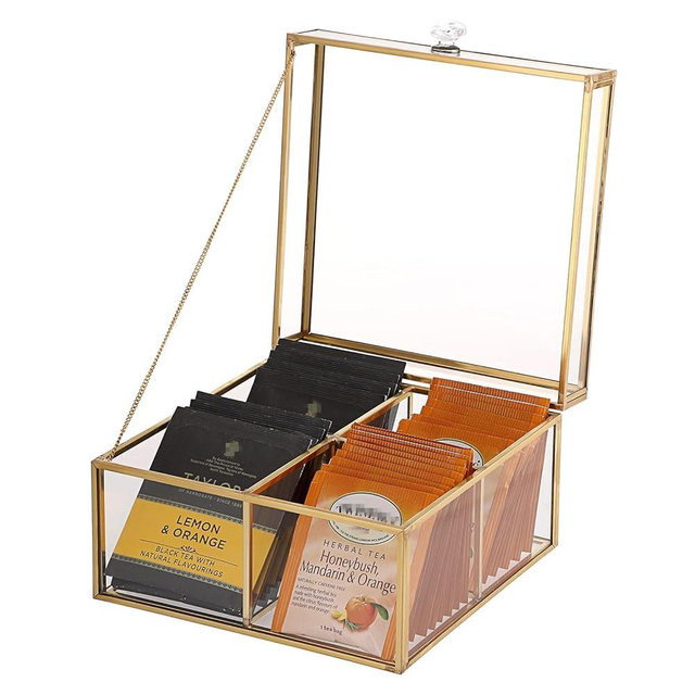 ELLDOO Gold Glass Tea Bags Box with Lid, Trinket Jewelry Box Countertop Storage for Sugar Packets Makeup Sponges Jewelry, 4 Grids, Glass Box Only