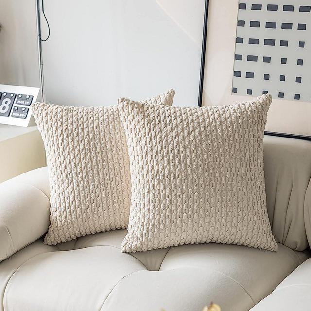 Kevin Textile Pillow Covers Decorative Set of 2 Striped Corduroy Plush Velvet Pillowcases Cushion Cover for Couch, 16x16 inch, Cream