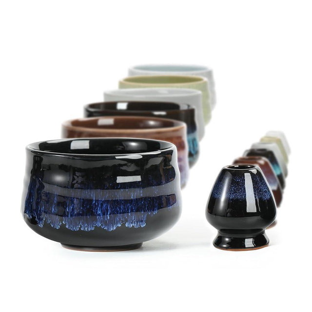 TEANAGOO 2 Pcs Matcha Bowl, Ceramic 18 OZ Matcha Bowl Set and Whisk Holder(Chawan), Blue Matcha Cup with Stand, Green Tea Mixing Bowl, Gift Set for Matcha Lover,Traditional Ceremonial Accessories