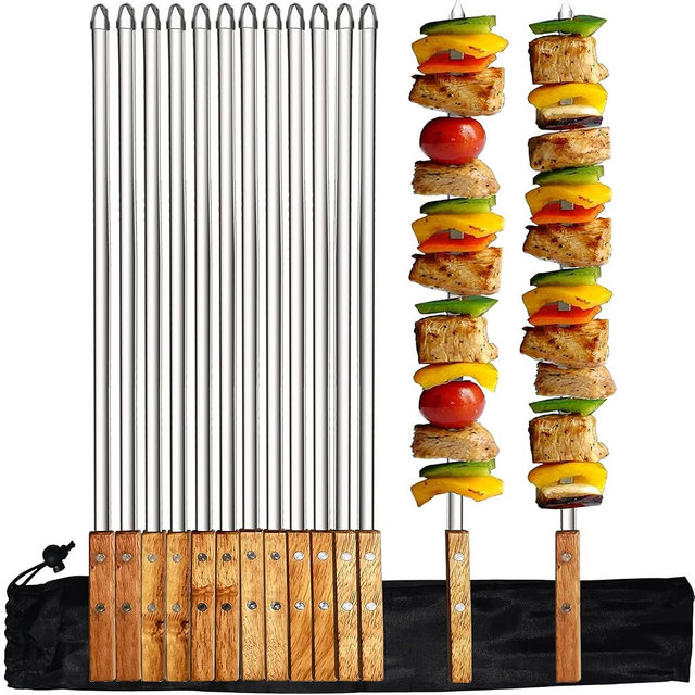 Vokop 12 Pack Kebab Skewers 22 Inch Stainless Steel Grilling BBQ Skewer Reusable Barbecue Skewers Flat Stick with Wood Handle,Ideal for Koubideh Brazilian Chicken Shrimp Turkish Shish Kabob