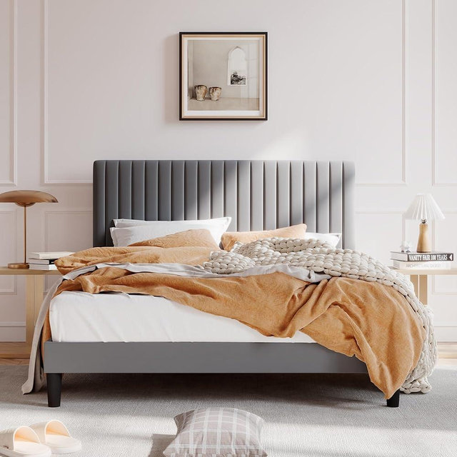 SHA CERLIN Queen Upholstered Platform Bed Frame with Vertical Channel Tufted Velvet Fabric Adjustable Headboard, Wooden Slats Support, Mattress Foundation, Box Spring Optional, Grey