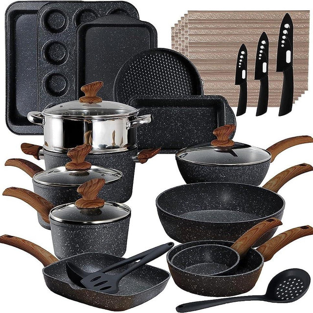 MAISON ARTS 30-Piece Pots and Pans Set - Kitchen Cookware Sets with Nonstick Granite Stone Coating, MAISON ARTS Suitable for Induction Cooktops,Black