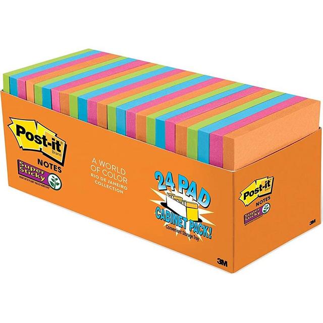 Post-it Super Sticky Notes, 3x3 in, 24 Pads, 2x the Sticking Power, Rio de Janeiro Collection, Bright Colors (Orange, Pink, Blue, Green), Recyclable (654-24SSAU-CP)