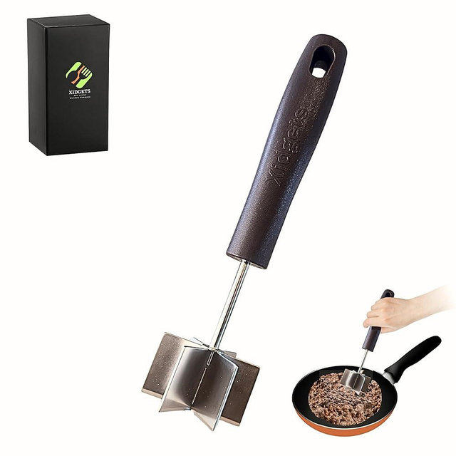 Large Stainless Steel Meat Chopper & Masher | 6-Blade Ground Beef Chopper Tool | Hamburger Smasher | Oversized Ergonomic Handle | Heat Resistant Grip | Dishwasher Safe - 10" (Black 10")