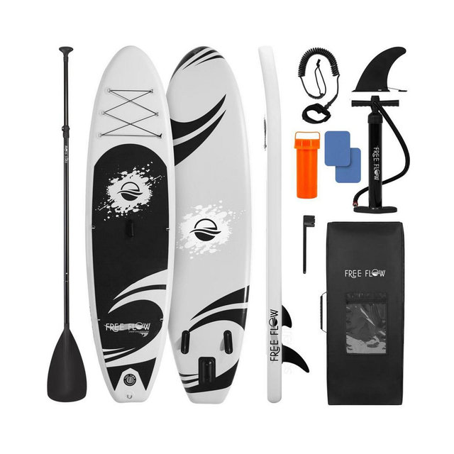 Free-Flow Welded Inflatable Stand-Up Paddle-Board with Double-Action Hand Pump, 3-Shaft Aluminum Paddle, Leash, Fin, Repair Kit