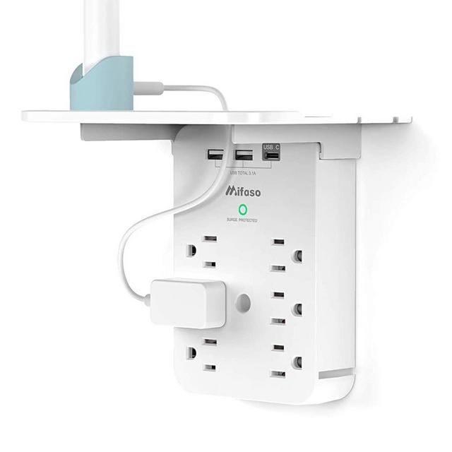 Wall Outlet Extender - Surge Protector 6 AC Outlets Multi Plug Outlet with Shelf, 2 USB and USB C Charging Ports Wall Plug Expander