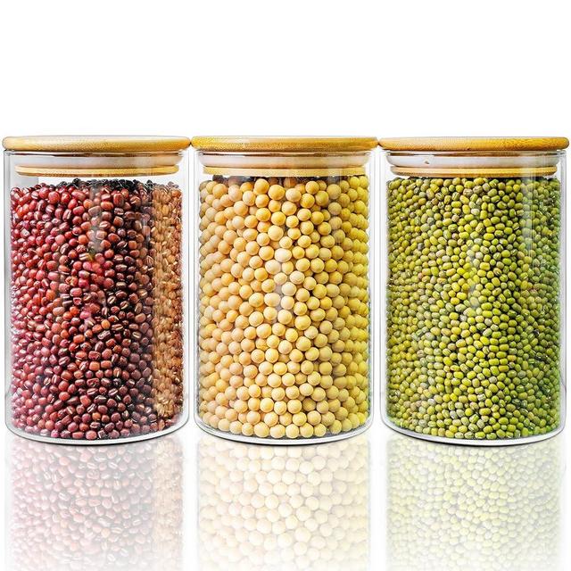 45oz Glass Jars with Bamboo Lids, Glass Pantry Storage Containers with Lids, Round Glass Canisters Set of 3, Glass Food Storage Containers with Airtight Lid for Pasta Flour Cereal Kitchen Organizers