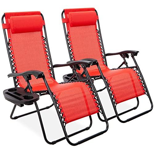 Best Choice Products Set of 2 Adjustable Steel Mesh Zero Gravity Lounge Chair Recliners w/Pillows and Cup Holder Trays, Crimson Red
