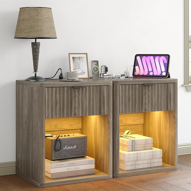 FUSOU Night Stand Set of 2 Nightstands with Drawer Storage Bed Side Table End Table Large Modern Wood Wide Bedside Stand Mid Century Night Stands for Bedroom Living Room Sofa Couch Office,Light Brown