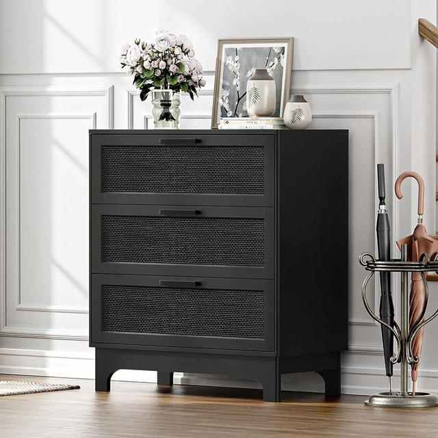 Anmytek 35" H Black Rattan Dresser, Farmhouse 3 Drawer Dresser for Bedroom with Natural Rattan Spacious Chest of Drawers for Living Room, Bedroom, Nursery, Hallway H0096