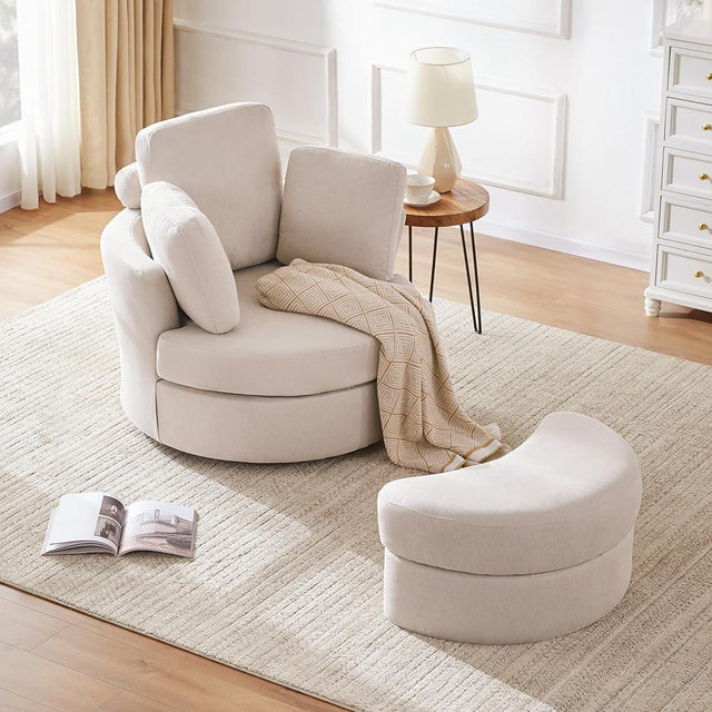 Huatean Home 39” Swivel Accent Barrel Chairs with Removable Headrest, Chaise Lounge Indoor with Neck Support Pillow, Swivel Chairs for Living Room, Oversized Chair with Ottoman, Beige
