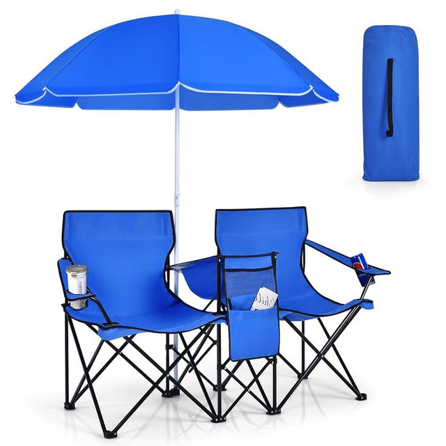 KOTEK Double Camping Chair, Folding Camp Chair with Removable Umbrella, Cup Holders, Cooler Bag, Side Pocket & Carry Bag, 2-Person Beach Chair for Outdoor, Sports, Concerts, Travel, Picnic (Blue)