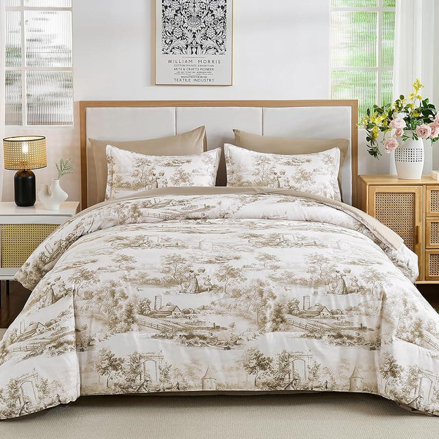 WONGS BEDDING Brown Comforter Set King Size, 7 Pieces Botanical Comforters with Sheets, Soft Microfiber Farmhouse Floral Complete Bedding Set for All Season
