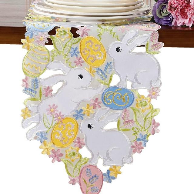 Easter Table Runner Spring Bunnys Flowery Table Runner Cutwork Embroidered Floral and Bunnys Dresser Scarf Table Topper Home Kitchen Dining Tabletop Decoration (Runner 13"×54", Bunny)