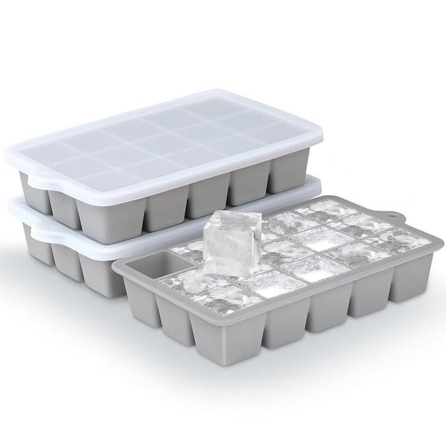 Silicone Ice Cube Trays 3Packs, Easy Release Ice Cube Molds with Lid, Freezer Stackable Ice Maker for Whiskey, Baby Food, BPA Free (Grey)