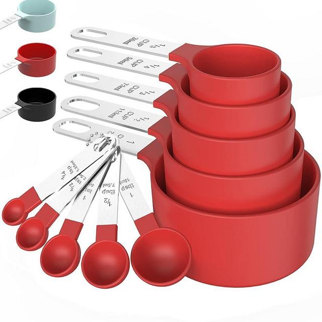 TILUCK Measuring Cups & Spoons Set, Stackable Cups and Spoons, Nesting Measure Cups with Stainless Steel Handle, Kitchen Gadgets for Cooking & Baking (5+5, Red)