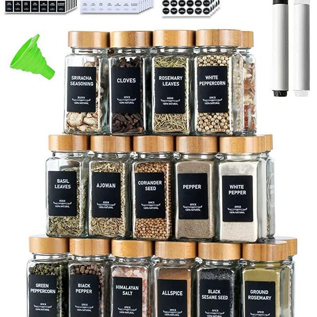 JARXSUN Glass Spice Jars with Label, 36 Pcs Spice Containers 4 oz Glass Spice Jars with Bamboo Lids and Shaker Lids Stickers Collapsible Funnel Marker for Kitchen Spice Rack Cabinet Drawer (36, 4 oz)