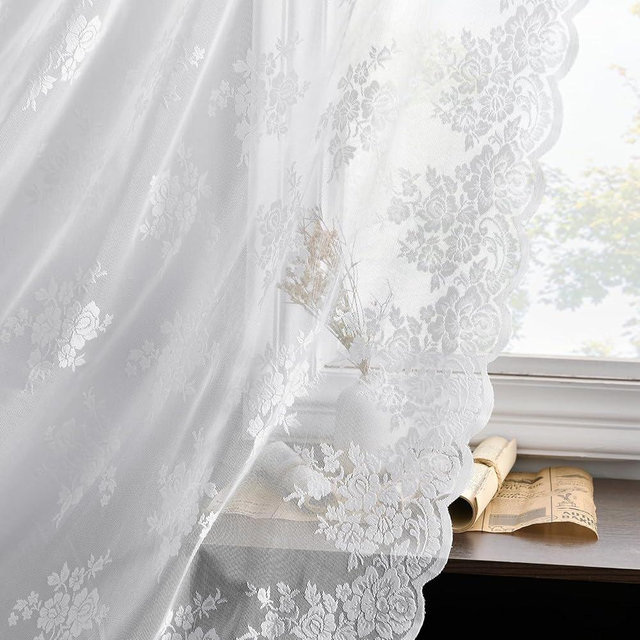 Kotile White Lace Curtains 96 Inches Long 2 Panels, Country Rustic Floral Design Scalloped Lace Curtain Panels for Living Room, Rod Pocket Privacy Sheer Lace Curtains, 42 x 96 Inch Each, White