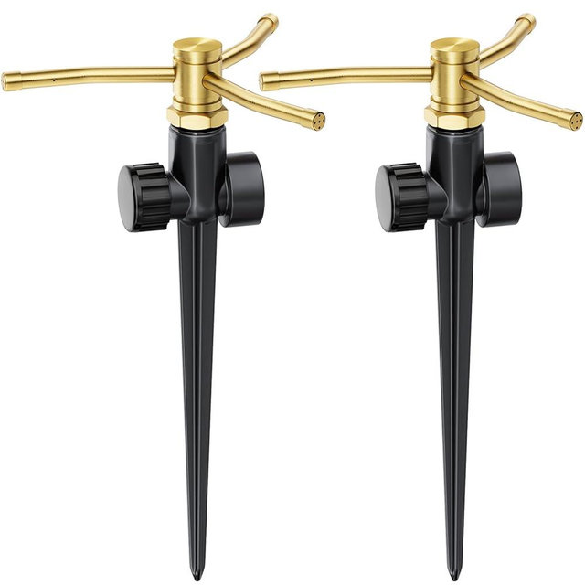 FANHAO 2 Pack Metal Lawn Sprinklers with Spike Base, Heavy Duty Automatic Rotary Garden Sprinkler System, 3-Arm Water Sprinkler 360 Degree Large Area Coverage for Plant, Flower Bed and Patio