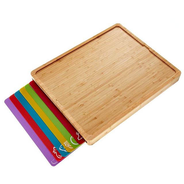 Easy-to-Clean Bamboo Wood Cutting Board with set of 6 Color-Coded Flexible Cutting Mats with Food Icons