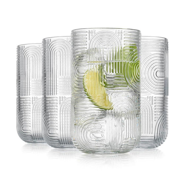 Glaver's Highball Glasses, 17 Ounce Embossed Designed Set of 4 Clear Kitchen Glassware For Home Bar Everyday Elegant Serving Coolers Urban Pattern Modern Drinking Glasses