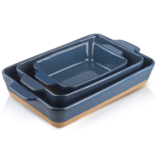 HVH Baking Dish Set, 9x13 Baking Dish, Large Casserole Dish Set, Ceramic Lasagne Pan Deep, Baking Dishes for Casseroles 13 x 9, Ceramic Bakeware Set of 3, Farmhouse Style (Blue)