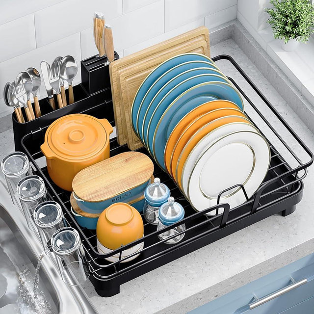 Urackify Dish Drying Rack for Kitchen Counter, Multifunctional Dish Drainer Rack, Kitchen Dish Rack Black, Sink Kitchen Dishes Strainer, Plate Rack with Drain Board, Cup Holder, and Cutlery Holder