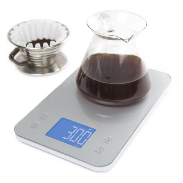 Nourish Digital Kitchen Food and Coffee Scale + Timer: Precision Sensors, Large Glass Weight Platform, and Large Backlit Display