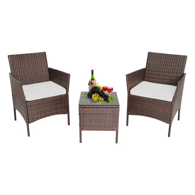 FDW 3-Piece Outdoor Wicker Conversation Bistro Set Rattan Wicker Patio Furniture Set with Cushions and Tempered Glass Table, Brown & Khaki