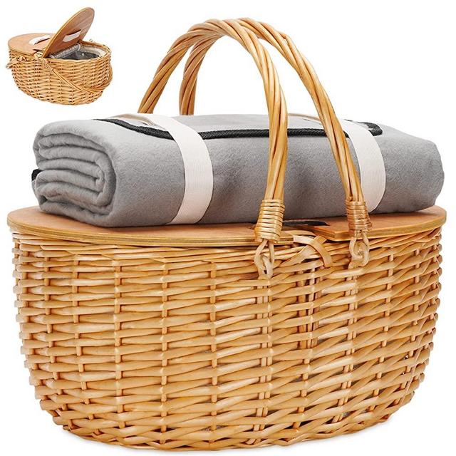 Cooler Picnic Basket with Blanket, Wooden Split Lid Picnic Basket, Vintage-Style Wicker Picnic Hamper with Folding Woven Handle for Picnic, Camping