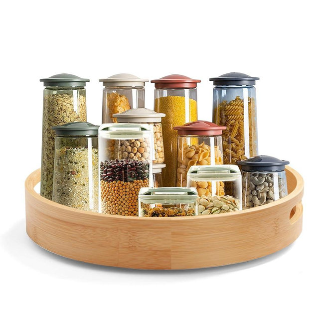 12in Bamboo Lazy Susan Pantry Turntable Organizer and Storage with Tall Side Anti Fall for Countertop and Spice Organization for Table Top Round Seasoning Condiment Tray for Kitchen