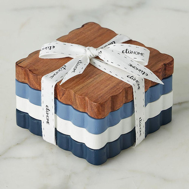 Scalloped Wood Coasters, Square, Set of 4, Maritime Colors