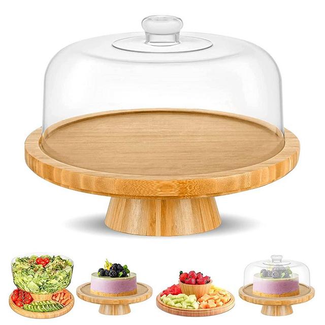 Chef's Unique Bamboo Cake Stand with Dome Multi Function 6 in 1 Cake Holder Serving Platter, 12.8 Inch Round Veggie Stand and Salad Bowl, Decorative Display Cake Stand with lid