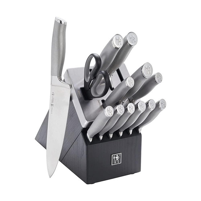 HENCKELS Modernist 14-pc Self-Sharpening Knife Set with Block, Chef Knife, Paring Knife, Utility Knife, Bread Knife, Steak Knife, Black, Stainless Steel