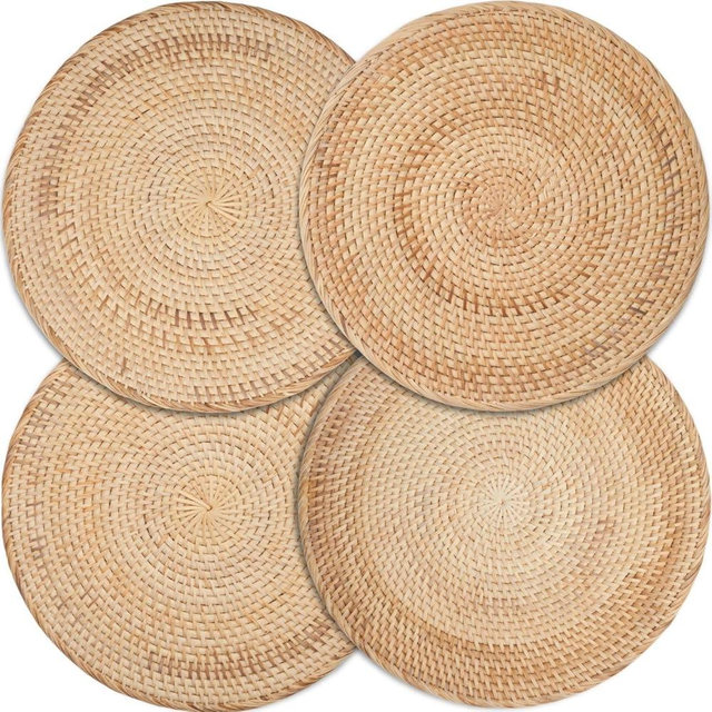 Decvel 4-Pack Rattan Placemats - 13-inch Round Placemats (Natural Rattan Color) - Woven Place Mats, Round Table Mats - Wicker Chargers for Dinner Plates, Plate Chargers Boho - Kitchen Table Decor