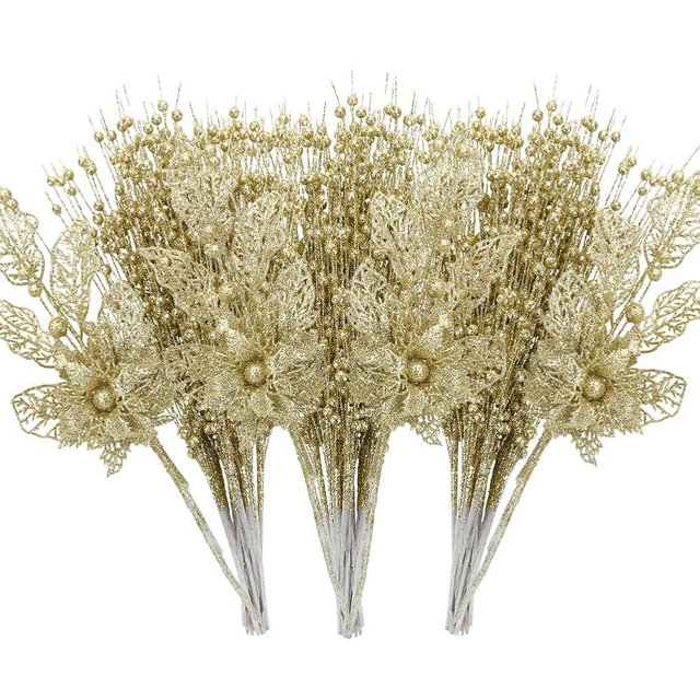ROSELEAF 28 Pack Artificial Glitter Berry Stem Ornaments, Gold Christmas Ornaments Flower Branches Picks for Xmas Tree Decoration Gift Decor Small Vase Home Holiday Wedding Party Decor