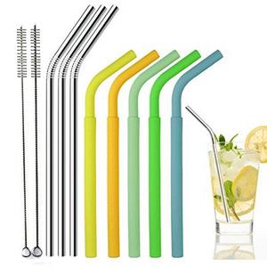 BasicForm Reusable Drinking Straws Set for Adults and Kids Set of 8 (3 Stainless Steel and 5 Silicone) - 2 Cleaning Brushes Included