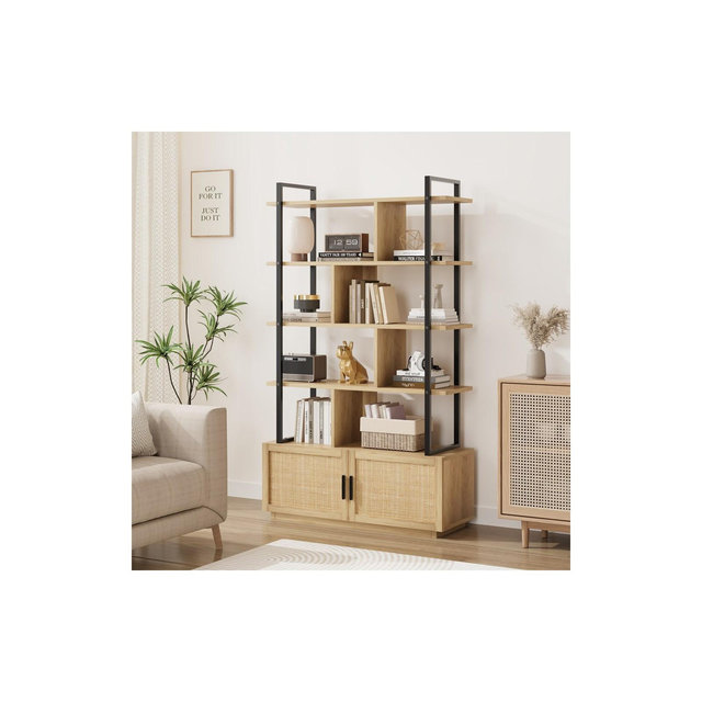 5 Tier Rattan Bookshelf with Storage Cabinet & Door, 71.1 Inch Tall Industrial Book Shelf,5 Shelf Bookcase with Metal Frame-Burlywood