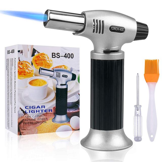 Culinary Blow Torch, Tintec Chef Cooking Torch Lighter, Butane Refillable, Flame Adjustable (MAX 2500°F) with Safety Lock for Cooking, BBQ, Baking, Brulee, Creme, DIY Soldering & more (Aluminum alloy)
