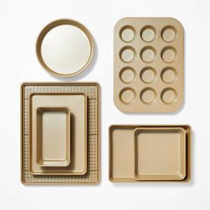8pc Nonstick Bakeware Set Gold - Figmint™: Figmint Kitchen Baking Set, Includes Baking Pan & Cooling Rack