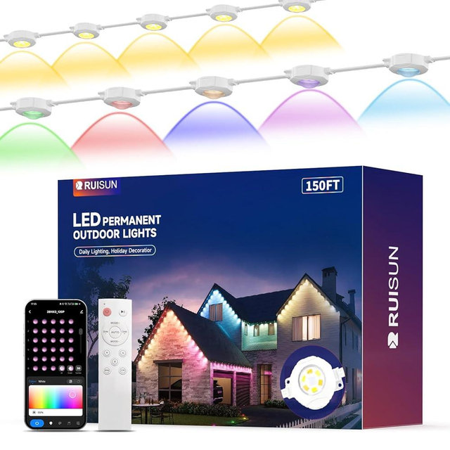 Permanent Outdoor Lights for House, 150FT with 90 RGBCW LEDs for Christmas, Daily and Holiday Lighting, Eave Lights for Outdoor Decorations, IP67 Waterproof, Works with Alexa, Google Assistant, White