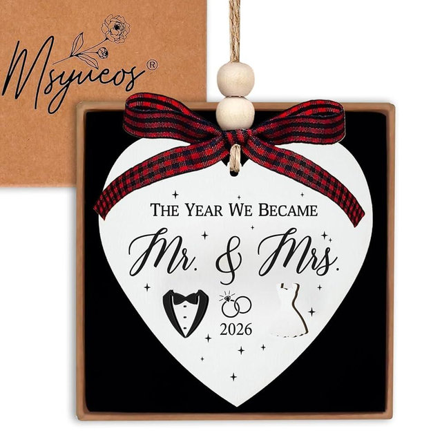 Mr and Mrs Wood Wedding Ornament 2026, Couples Gift for Newlyweds, Bride and Groom Wood Hanging Home Decor for Bridal Shower, Anniversary Wedding Married Gifts for Her His Bride Groom