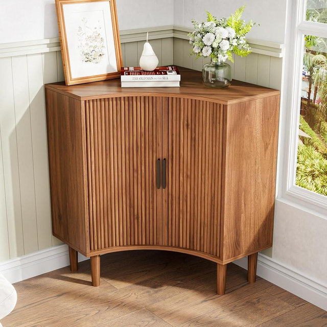 Fluted Corner Cabinet, Small Corner Floor Cabinet with Sliding Doors and Adjustable Shelves, Modern Wooden Freestanding Narrow Storage Organizer for Small Space,Living Room, Dining Room, Bathroom