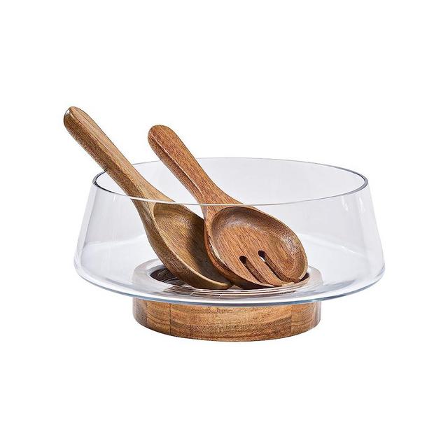 KITEISCAT Extra Large Glass Salad Bowl Set - Salad Bowls for Party with Acacia Wood Base and Salad Serving Utensils - Elegant and Practical Kitchen Must-Have