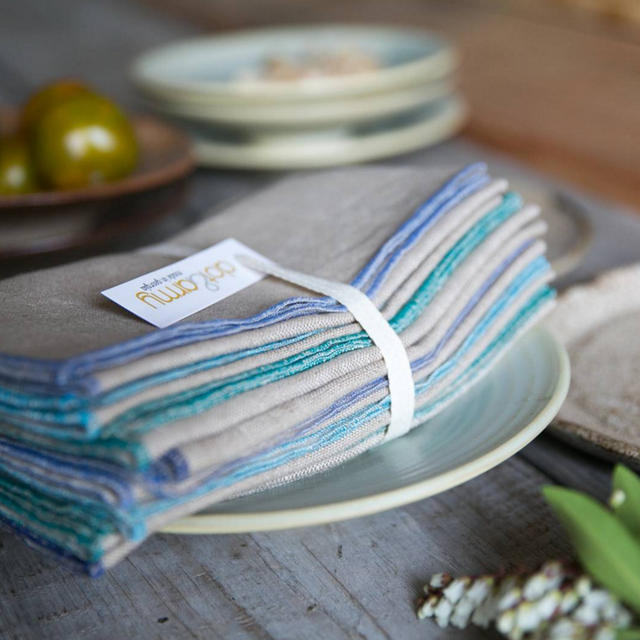Natural Linen with Blue Ombre Edging, Set of 4