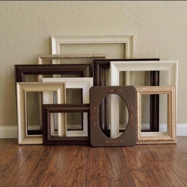 Brown, Antique White & Champagne Gold Gallery Wall - Upcycled Vintage Picture Frames Set