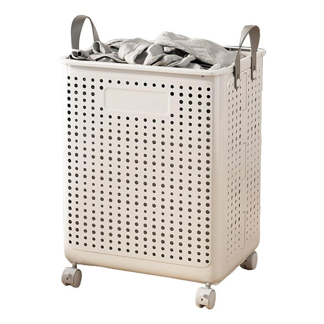 Laundry Basket with Wheels Extra Large Capacity Handle Design Waterproof Dirty Clothes Hamper with Breathable Mesh Holes, Space-Saving Design for Home, Dorm, Bathroom, Bedroom or Apartment (White L)