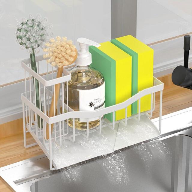 Fssvcd Maifan Sink Caddy Sponge Holder for Kitchen Sink with Brush Holder and Stainless Steel Self Drain Tray, Rustproof Kitchen Sink Organizer for Sponge, Soap Dispenser Storage Accessories