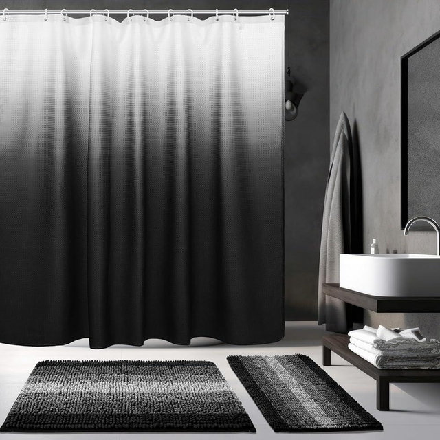 Fanfanwin 3 Pcs Black Shower Curtain and Rug Sets with 12 Hooks,Waterproof Ombre Bathroom Shower Curtains Set for Hotel Bathroom Decor